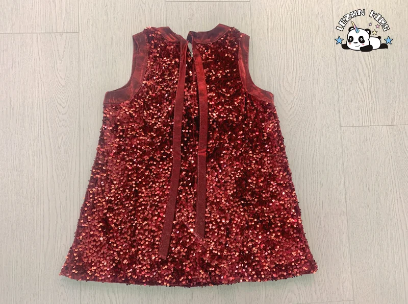 LEZONKIDS - Hot Sale Sleeveless Sequined Customized Color Red Party Elegant Bow Velvet Girls Dresses for Winter
